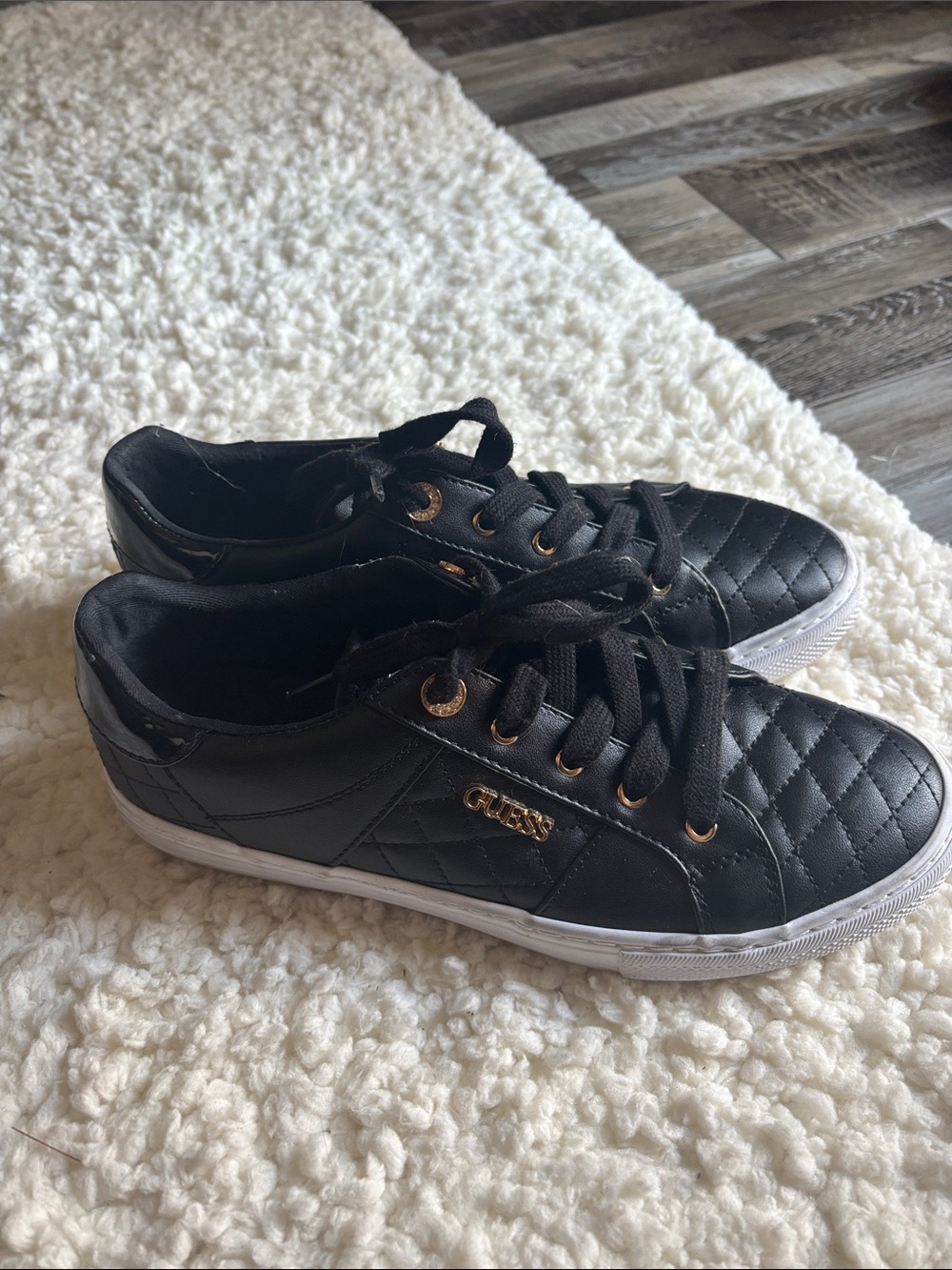 GUESS Black Quilted Low-Top Sneakers with Gold Accents